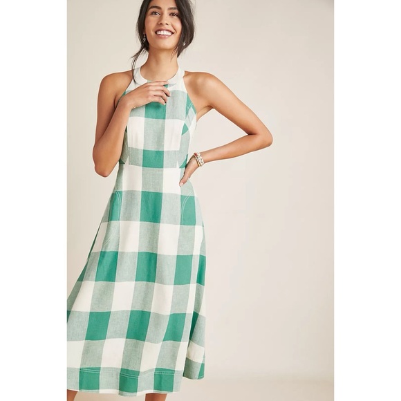 Anthropologie Dresses & Skirts - Anthropologie Midi Dress US Maeve Greta Green Gingham Check Linen Blend A-Line